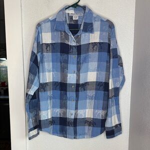 Adobe Rose Horse Pattern Western Plaid Cotton Shirt Blue Check XL Boho prairie